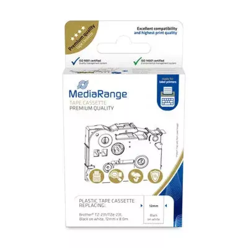 Plastikinė juostos kasetė MediaRange TZ-231 (12 mm, 8 m) – balta su juodu tekstu