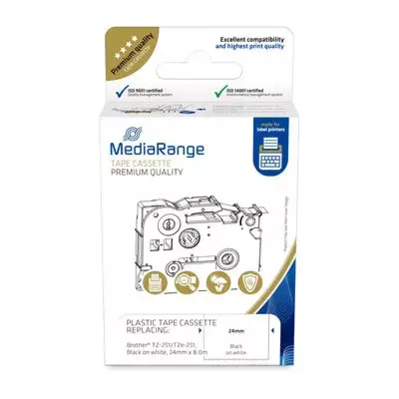 Plastikinė juostos kasetė MediaRange TZ-251 24mm 8m juoda ant baltos