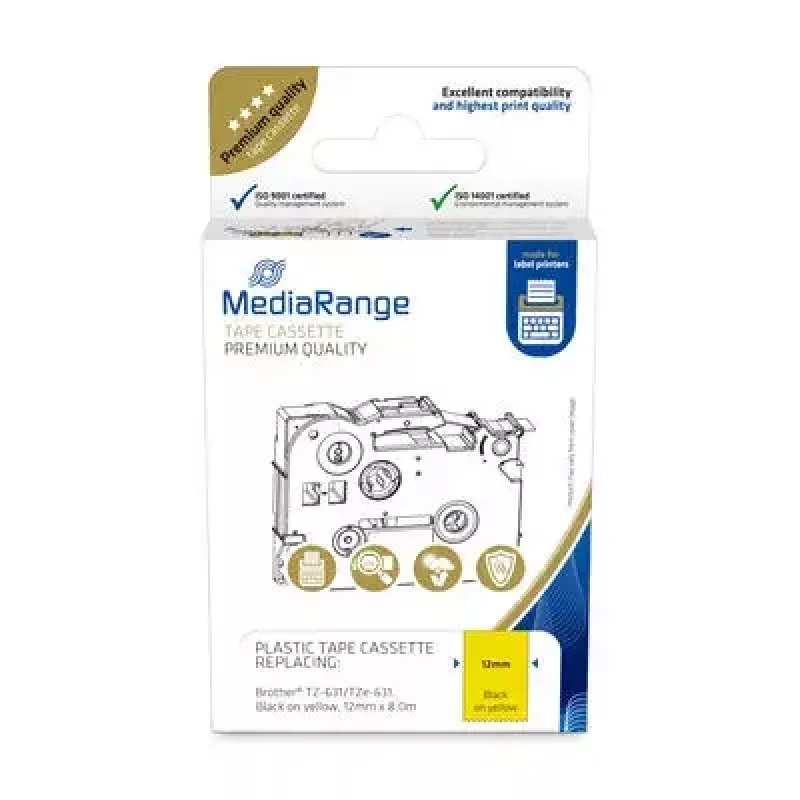 Plastikinė juostos kasetė MediaRange TZ-631 12mm juoda ant geltonos