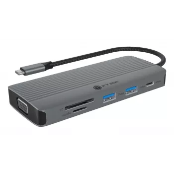 Dokų stotelė ICY BOX IB-DK4040a-CPD — 10-in-1 USB-C, HDMI 4K60Hz, VGA, 3×USB-A, Gigabit LAN, PD 100W, SD/MicroSD, aliuminis