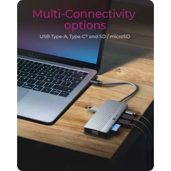 Dokų stotelė ICY BOX IB-DK4040a-CPD — 10-in-1 USB-C, HDMI 4K60Hz, VGA, 3×USB-A, Gigabit LAN, PD 100W, SD/MicroSD, aliuminis