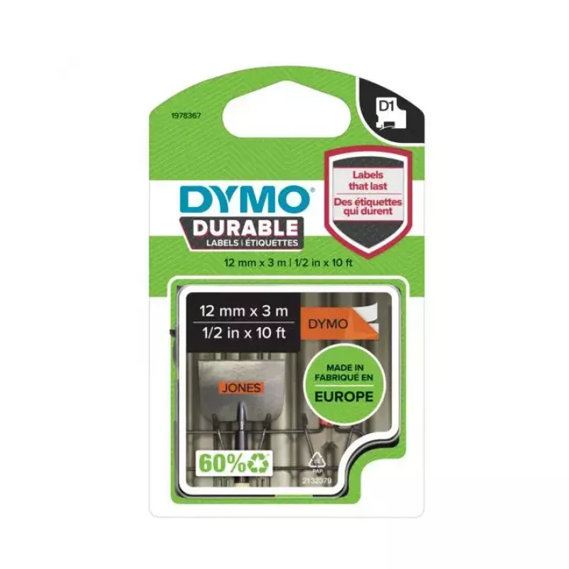 DYMO D1 Durable juosta juodas spaudinys ant oranžinės 12 mm x 3 m