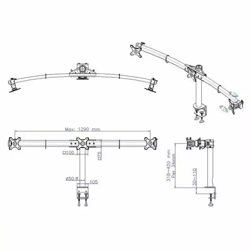 VALUE Triple LCD Arm Desk Clamp juodas – trijų monitorių laikiklis su spaustuku, reguliuojamas