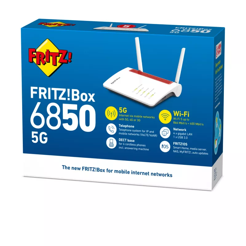 FRITZ!Box 6850 5G belaidis maršrutizatorius, Gigabit Ethernet, dviejų juostų (2,4 GHz / 5 GHz), baltas