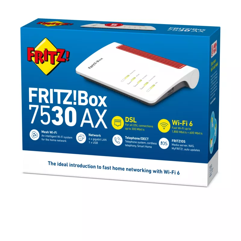 Belaidis maršrutizatorius FRITZ!Box 7530 AX, Wi-Fi 6, Dual-band (2,4 GHz / 5 GHz), Gigabit Ethernet, baltas