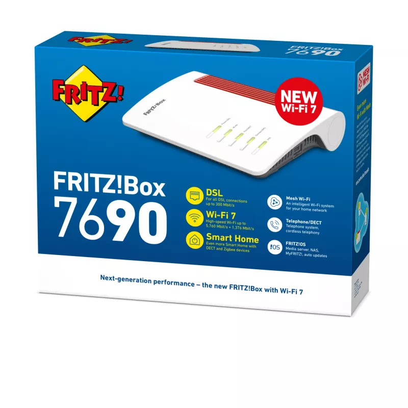 Belaidis maršrutizatorius FRITZ!Box 7690 International Wi-Fi 7, 2.5 Gigabit Ethernet, dvejopo dažnio (2,4 GHz / 5 GHz), baltas