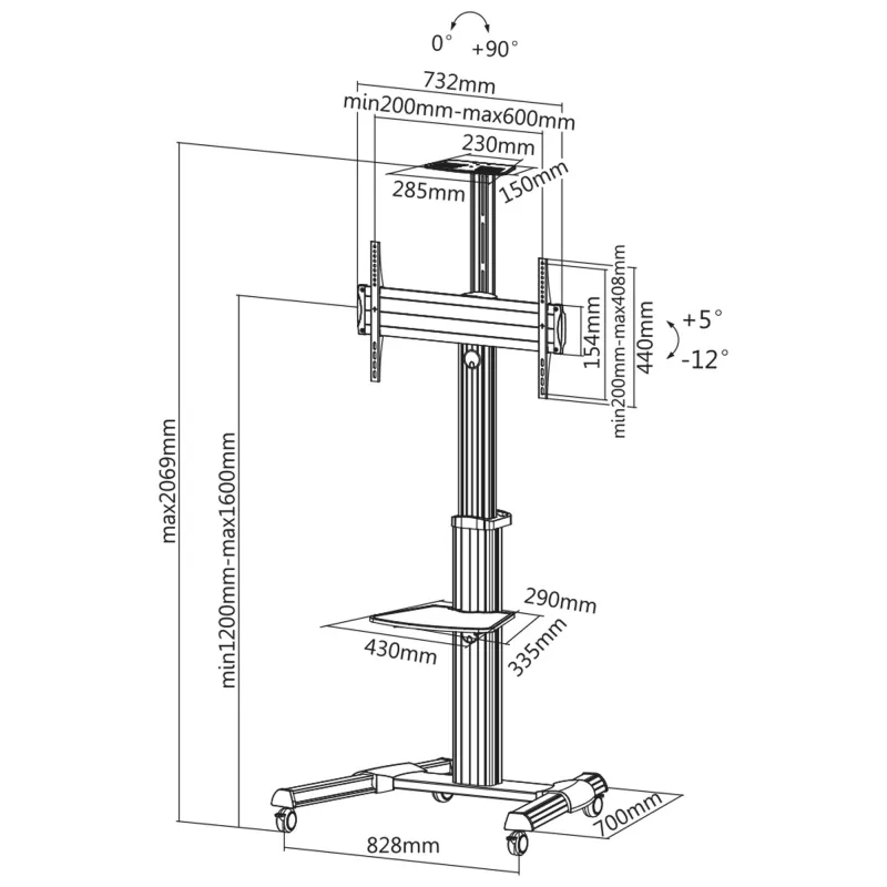 InLine reguliuojamo aukščio televizoriaus vežimėlis, LED-TV 37–70 colių (94–178 cm), maks. 50 kg