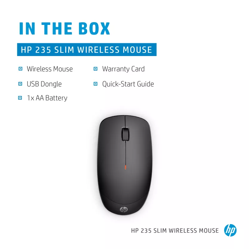 HP 235 Slim belaidė pelė, ambidekstrinė, optinė, RF belaidė, 1600 DPI, juoda