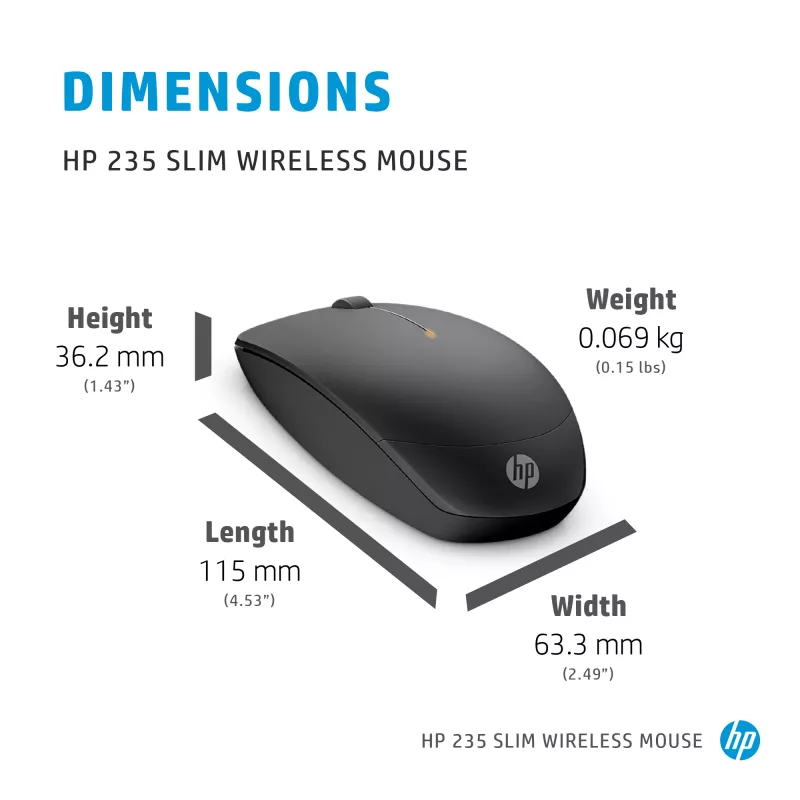HP 235 Slim belaidė pelė, ambidekstrinė, optinė, RF belaidė, 1600 DPI, juoda