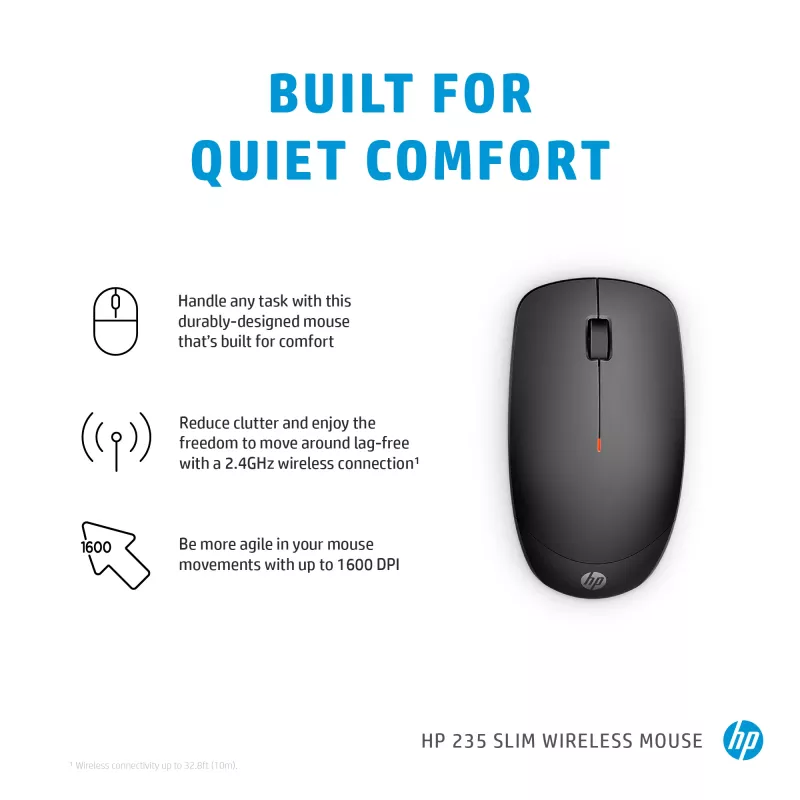 HP 235 Slim belaidė pelė, ambidekstrinė, optinė, RF belaidė, 1600 DPI, juoda