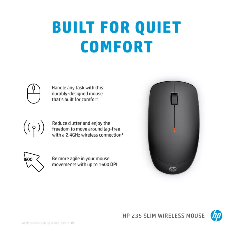 HP 235 Slim belaidė pelė, ambidekstrinė, optinė, RF belaidė, 1600 DPI, juoda