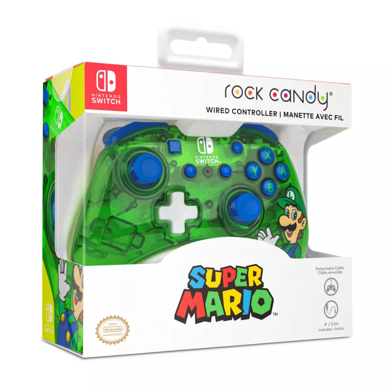 PDP Rock Candy: Luigi Lime mėlynai žalia peršviečiama USB pultelė Nintendo Switch, Switch Lite, Switch OLED