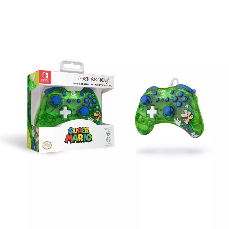 PDP Rock Candy: Luigi Lime mėlynai žalia peršviečiama USB pultelė Nintendo Switch, Switch Lite, Switch OLED