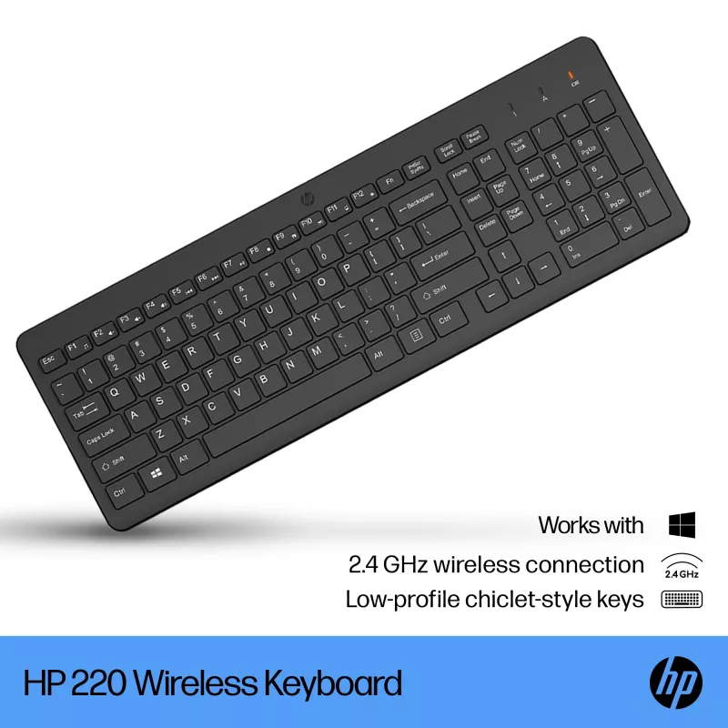 Belaidė pilno dydžio membraninė klaviatūra HP 220 – juoda, RF 2,4 GHz, USB-A imtuvas, QWERTY, skaičių blokas, AAA baterija