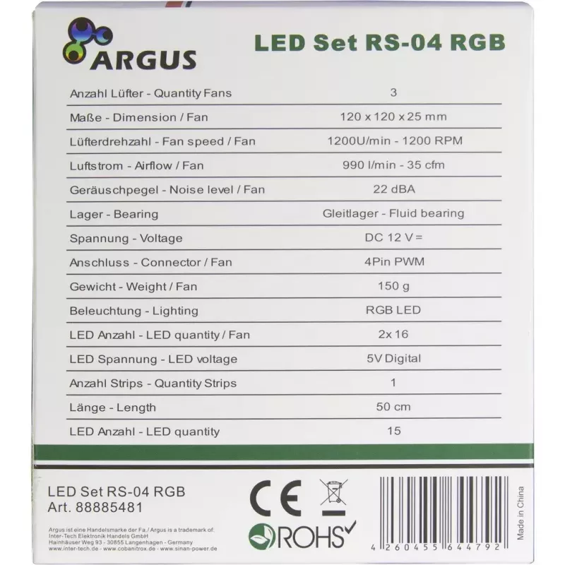 Inter-Tech Argus RS-04 RGB ventiliatorių rinkinys, 3x 120 mm su 50 cm LED juosta ir nuotolinio valdymo pulteliu, juodas