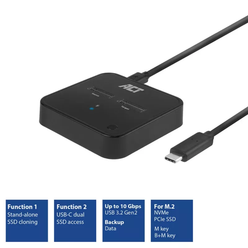 ACT AC1502 M.2 NVMe/PCIe dvigubų SSD dokų klonavimo stotelė, USB-C 3.2 Gen2