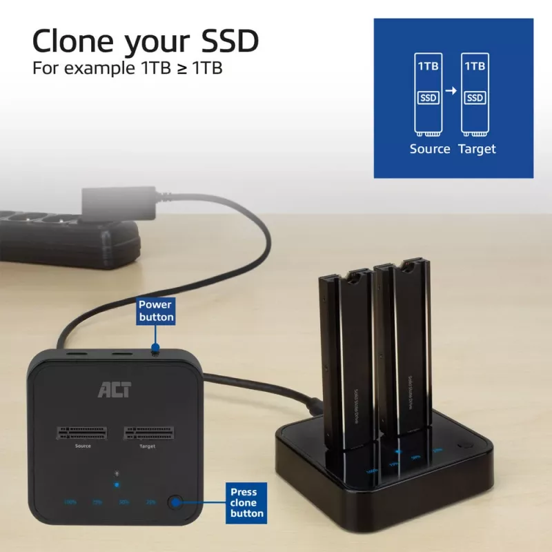 ACT AC1502 M.2 NVMe/PCIe dvigubų SSD dokų klonavimo stotelė, USB-C 3.2 Gen2