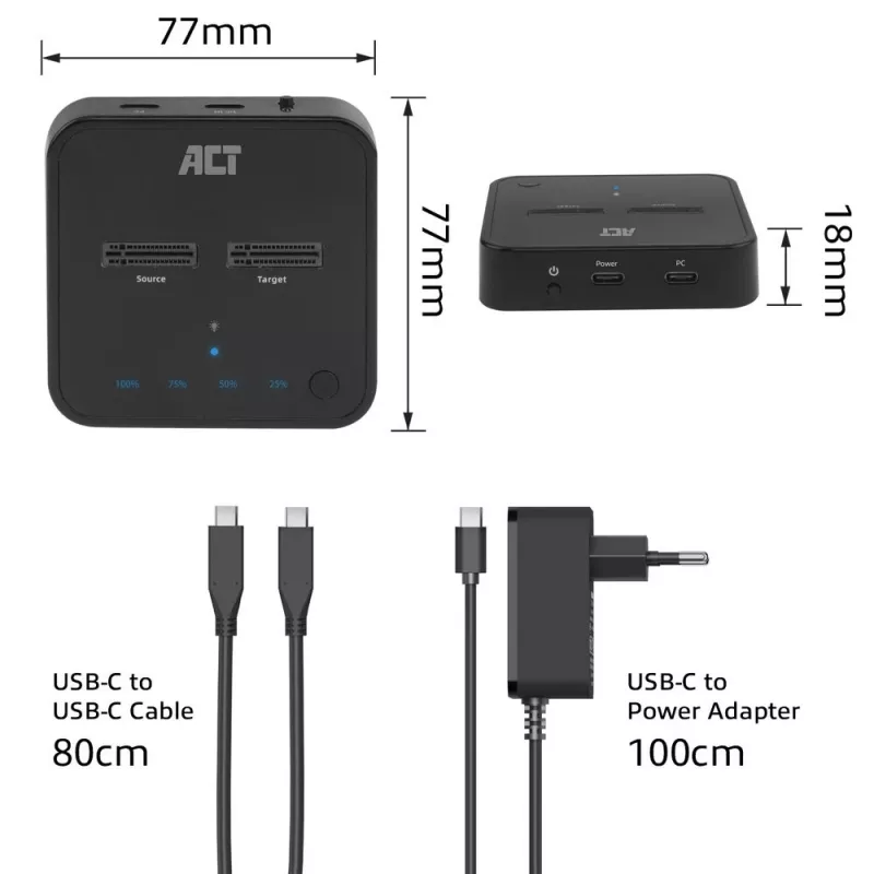 ACT AC1502 M.2 NVMe/PCIe dvigubų SSD dokų klonavimo stotelė, USB-C 3.2 Gen2