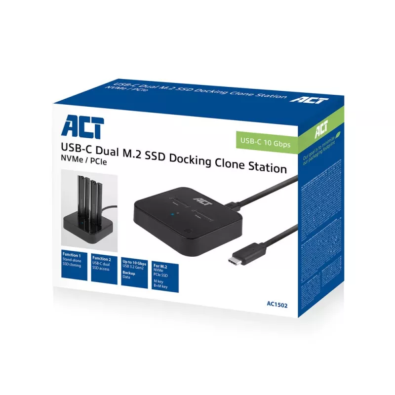 ACT AC1502 M.2 NVMe/PCIe dvigubų SSD dokų klonavimo stotelė, USB-C 3.2 Gen2