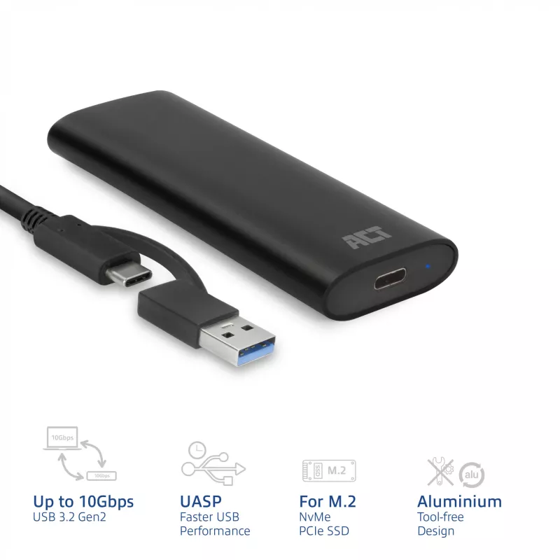 Dėklas SSD ACT AC1615 USB-C M.2 NVMe PCIe 10 Gbit/s Juodas