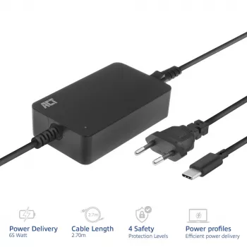 ACT AC2005 USB-C nešiojamojo kompiuterio įkroviklis 65W, Power Delivery, 3 m