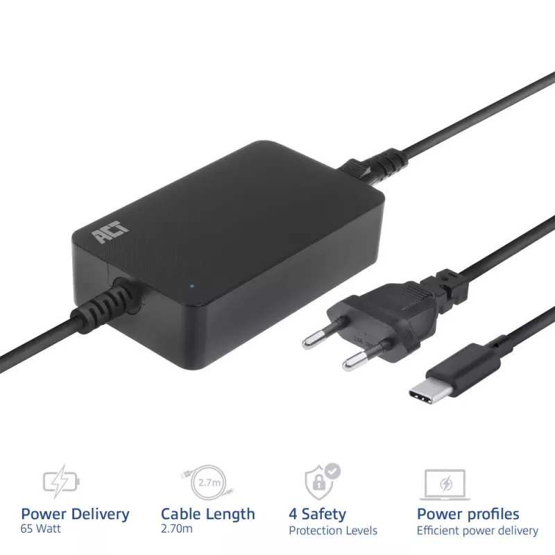 ACT AC2005 USB-C nešiojamojo kompiuterio įkroviklis 65W, Power Delivery, 3 m