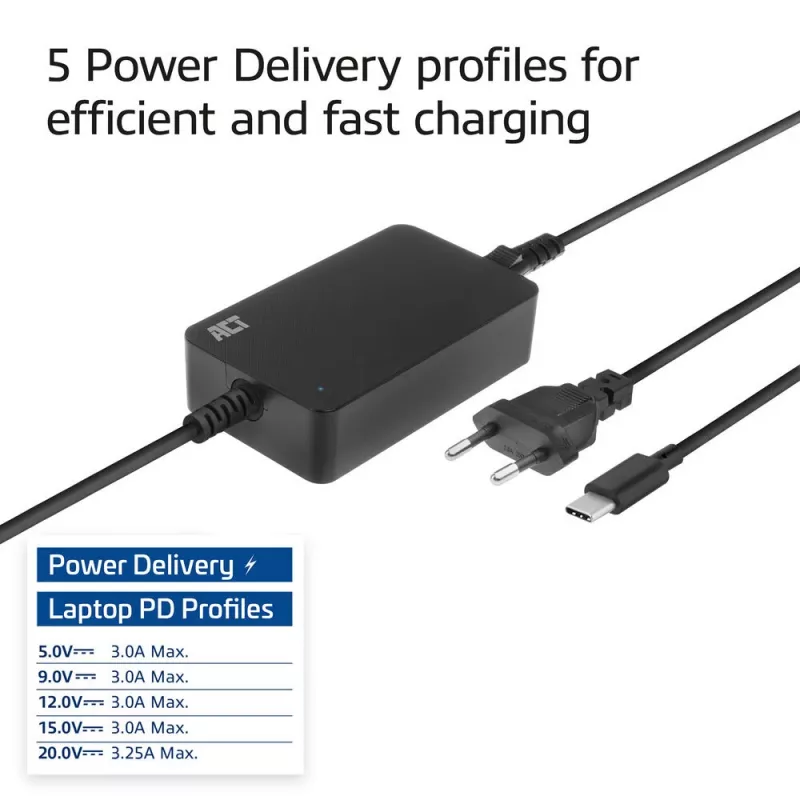 ACT AC2005 USB-C nešiojamojo kompiuterio įkroviklis 65W, Power Delivery, 3 m