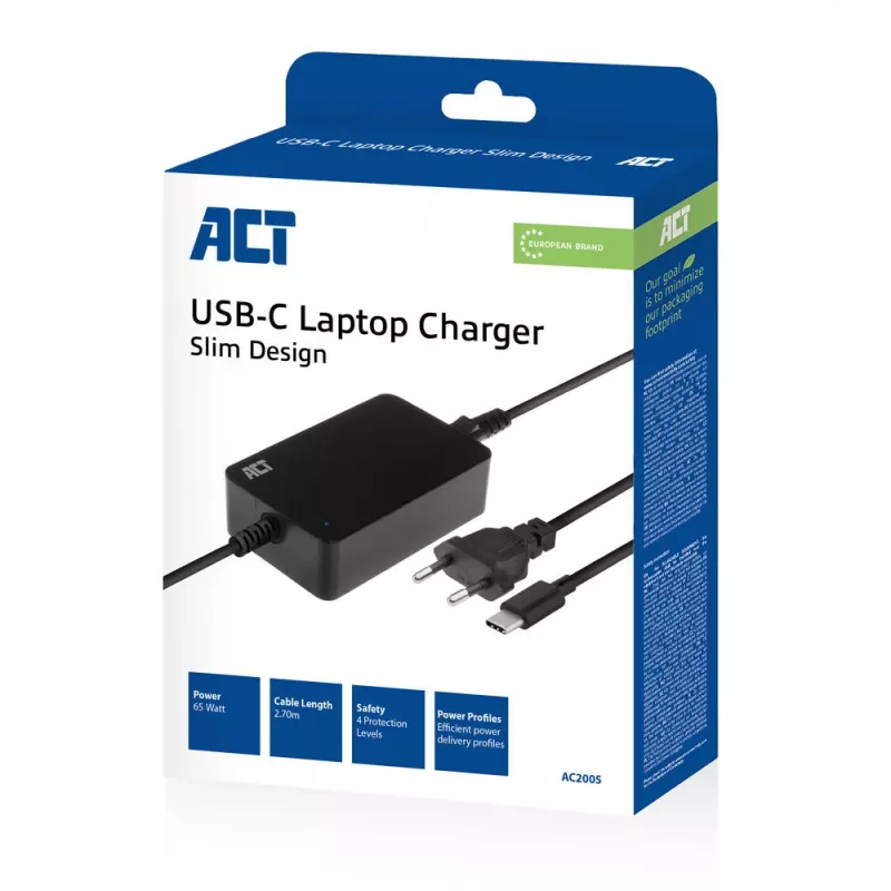 ACT AC2005 USB-C nešiojamojo kompiuterio įkroviklis 65W, Power Delivery, 3 m