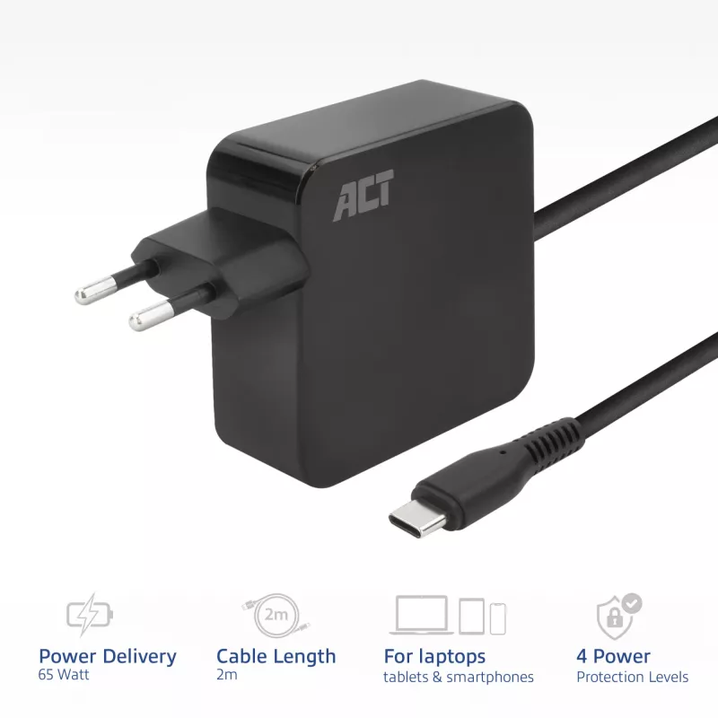ACT USB-C sieninis nešiojamojo kompiuterio įkroviklis 65W su Power Delivery profiliais, 2 metrai