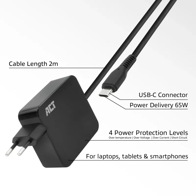 ACT USB-C sieninis nešiojamojo kompiuterio įkroviklis 65W su Power Delivery profiliais, 2 metrai