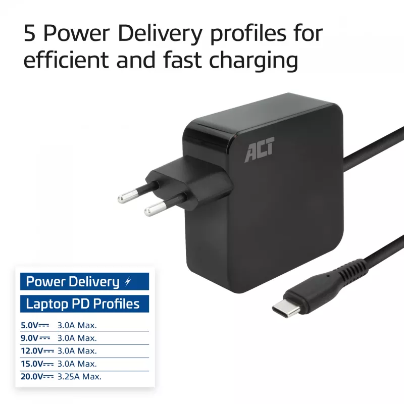 ACT USB-C sieninis nešiojamojo kompiuterio įkroviklis 65W su Power Delivery profiliais, 2 metrai