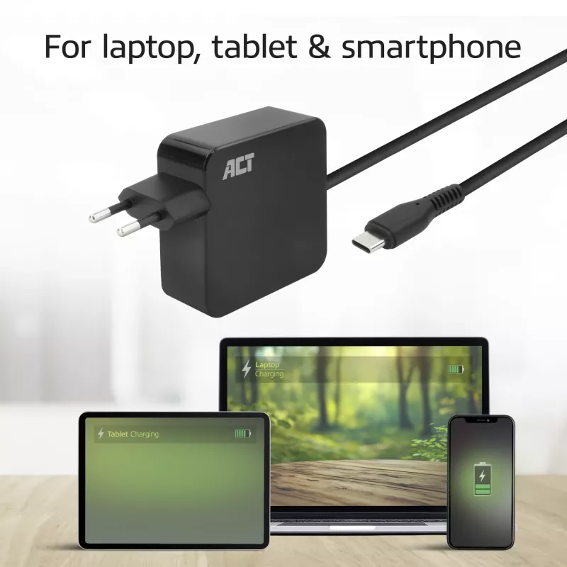 ACT USB-C sieninis nešiojamojo kompiuterio įkroviklis 65W su Power Delivery profiliais, 2 metrai