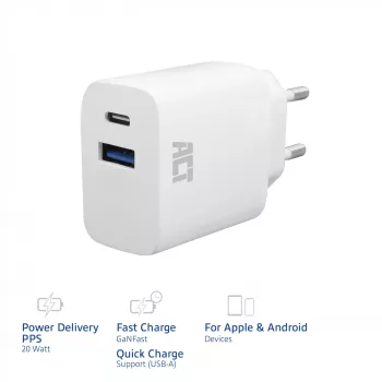 ACT AC2122 USB-C & USB-A įkroviklis 20W su Power Delivery PPS, Quick Charge, GaNFast