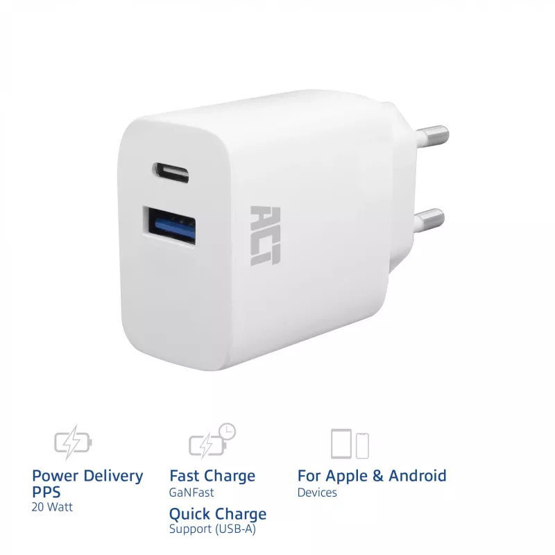 ACT AC2122 USB-C & USB-A įkroviklis 20W su Power Delivery PPS, Quick Charge, GaNFast