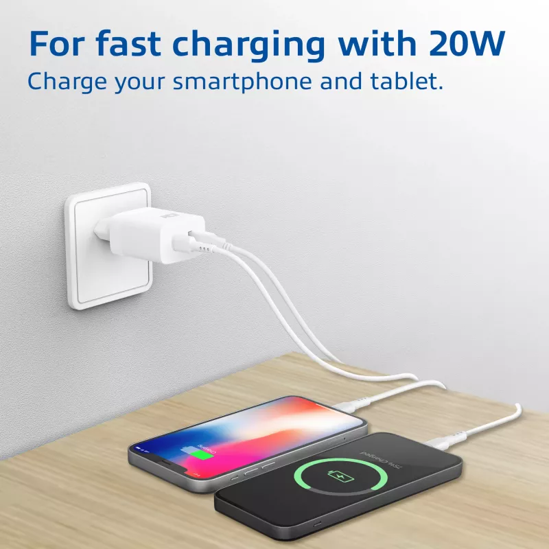 ACT AC2122 USB-C & USB-A įkroviklis 20W su Power Delivery PPS, Quick Charge, GaNFast