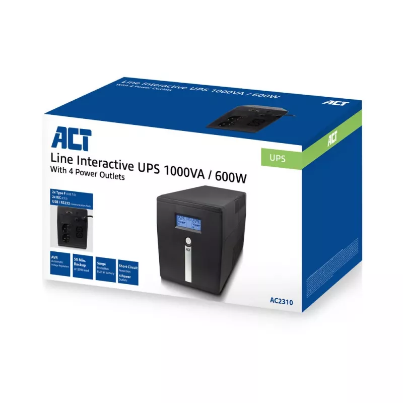 ACT Line Interactive UPS 1000VA - 600W su AVR, LCD ekranu
