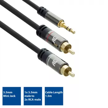 Garso kabelis ACT AC3605 1,5 m 3,5 mm – 2 x RCA juodas