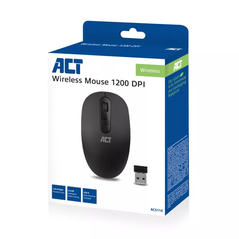 Belaidė pelė ACT Wireless Mouse 1200 DPI, ambidekstrinė, RF, juoda