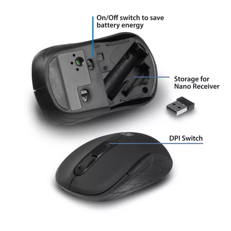 Belaidė pelė ACT Wireless Mouse 1600 DPI optinė dešinei rankai 4 mygtukai