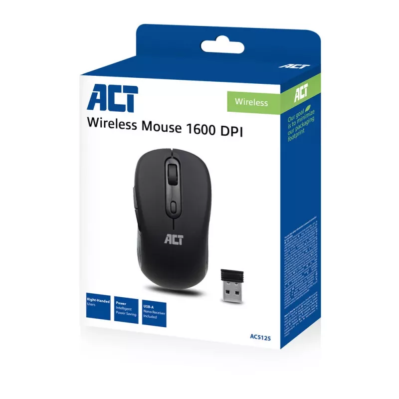 Belaidė pelė ACT Wireless Mouse 1600 DPI optinė dešinei rankai 4 mygtukai