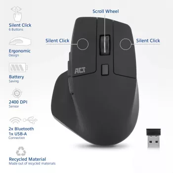 ACT belaidė pelė AC5146 su Bluetooth ir USB-A imtuvu, 2400 DPI, tyliu spragtelėjimu, ekologiška