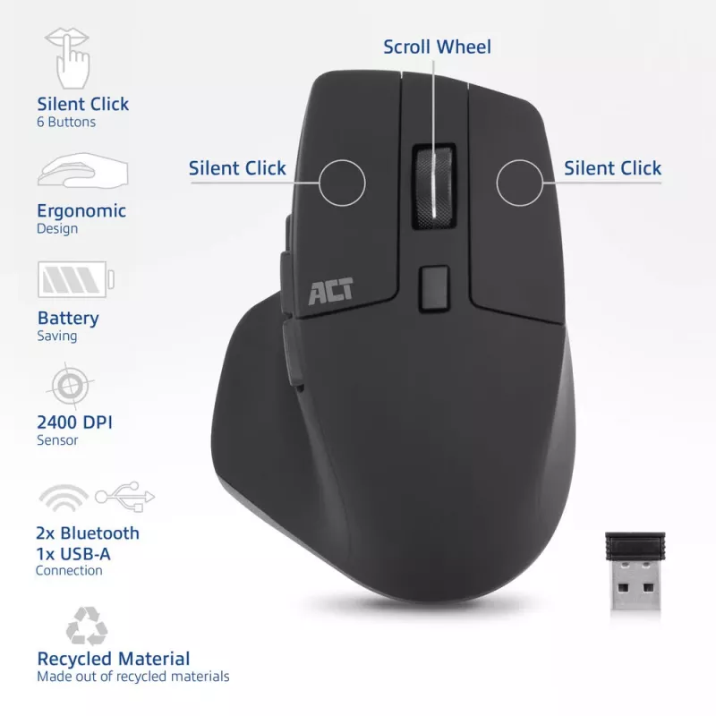 ACT belaidė pelė AC5146 su Bluetooth ir USB-A imtuvu, 2400 DPI, tyliu spragtelėjimu, ekologiška