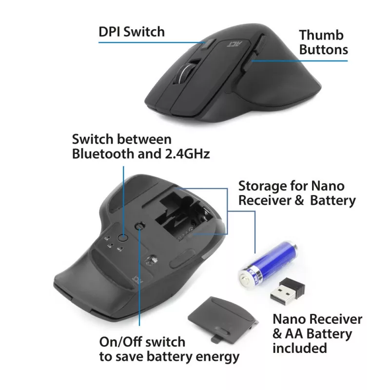 ACT belaidė pelė AC5146 su Bluetooth ir USB-A imtuvu, 2400 DPI, tyliu spragtelėjimu, ekologiška