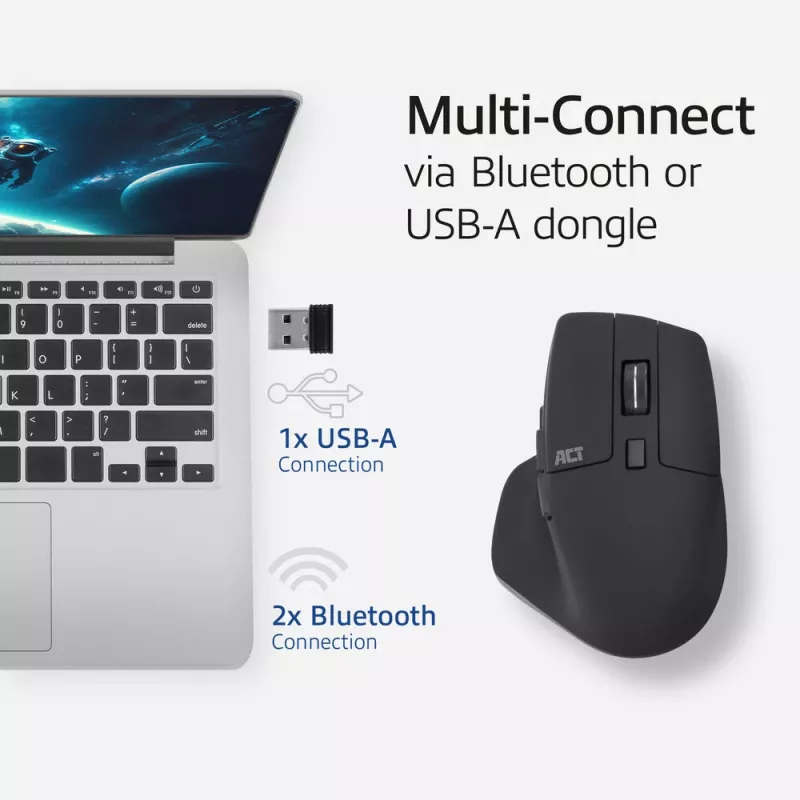 ACT belaidė pelė AC5146 su Bluetooth ir USB-A imtuvu, 2400 DPI, tyliu spragtelėjimu, ekologiška
