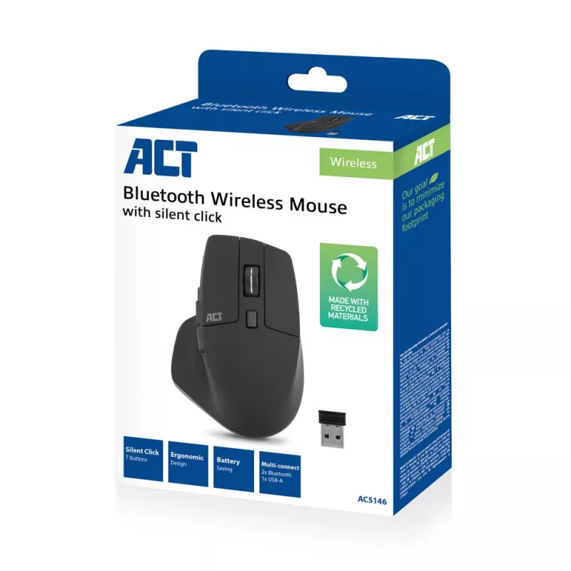 ACT belaidė pelė AC5146 su Bluetooth ir USB-A imtuvu, 2400 DPI, tyliu spragtelėjimu, ekologiška