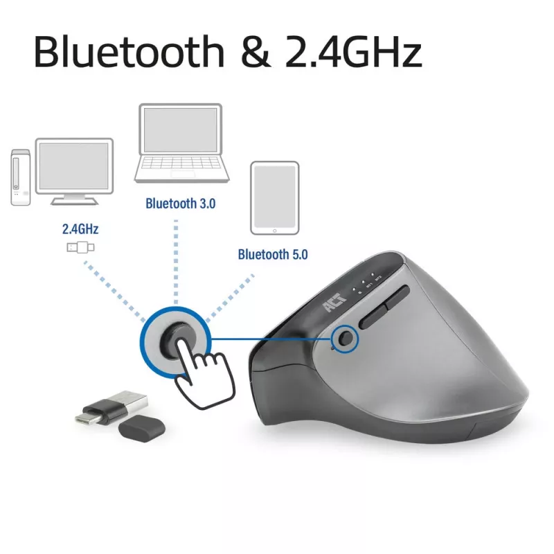 ACT AC5155 belaidė ergonominė pelė su Bluetooth ir USB-C/USB-A imtuvu