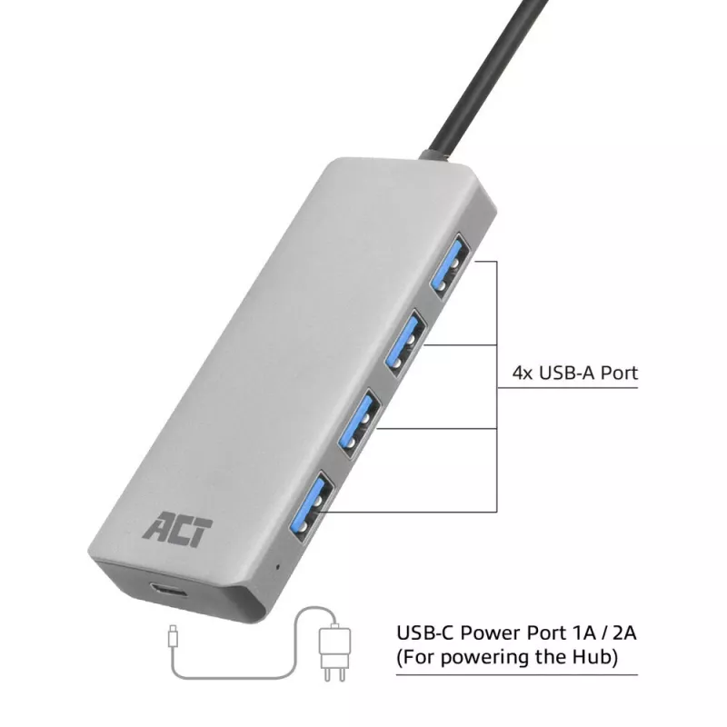 USB Hub ACT AC6121 4× USB-A 5 Gbit/s aliuminis