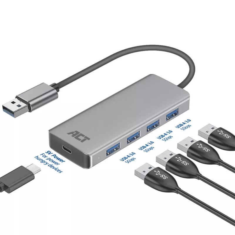 USB Hub ACT AC6121 4× USB-A 5 Gbit/s aliuminis