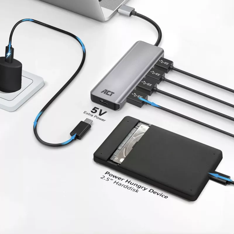 USB Hub ACT AC6121 4× USB-A 5 Gbit/s aliuminis