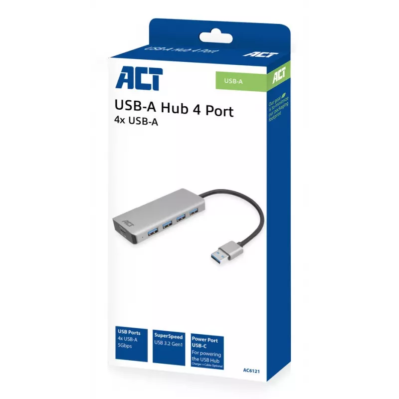 USB Hub ACT AC6121 4× USB-A 5 Gbit/s aliuminis